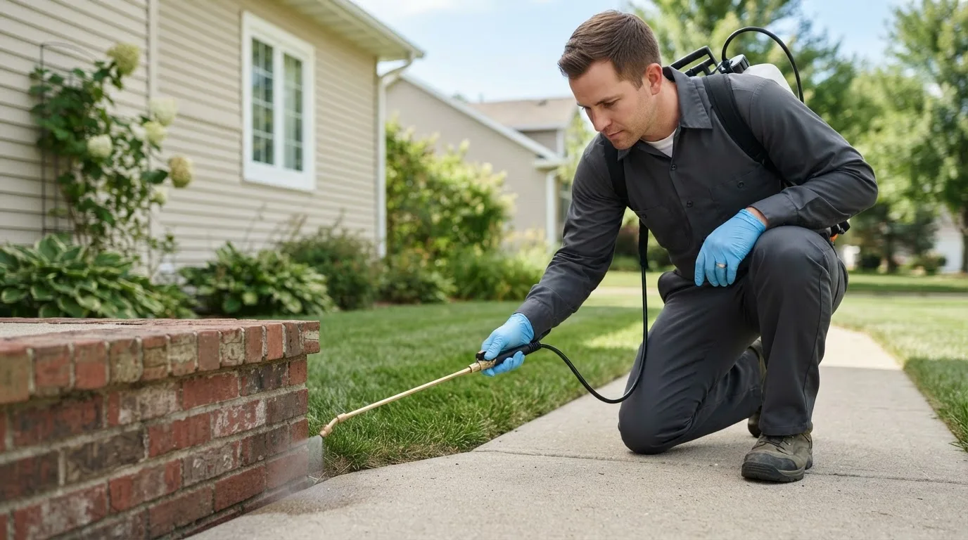 Pest control technician treating a home near Afton, WI
