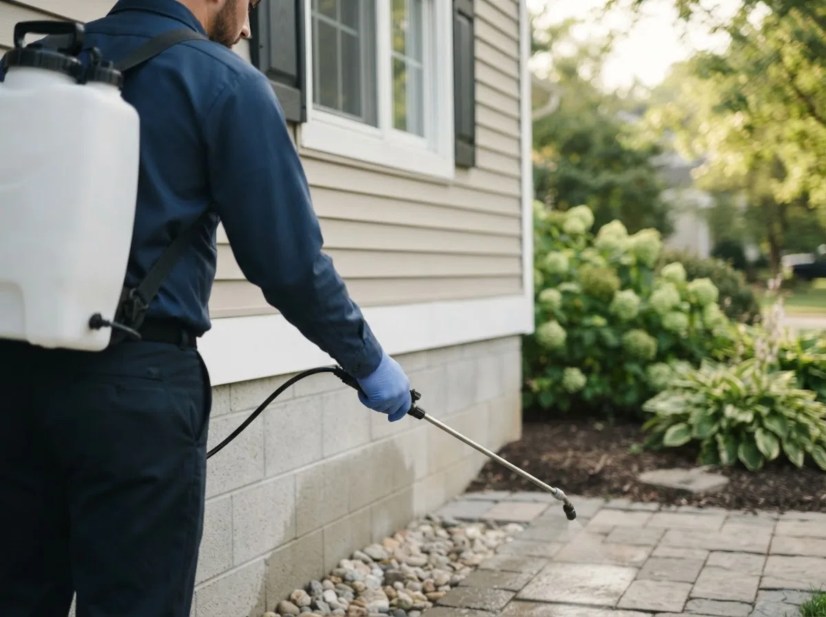 Pest control technician inspecting a home in Afton, WI